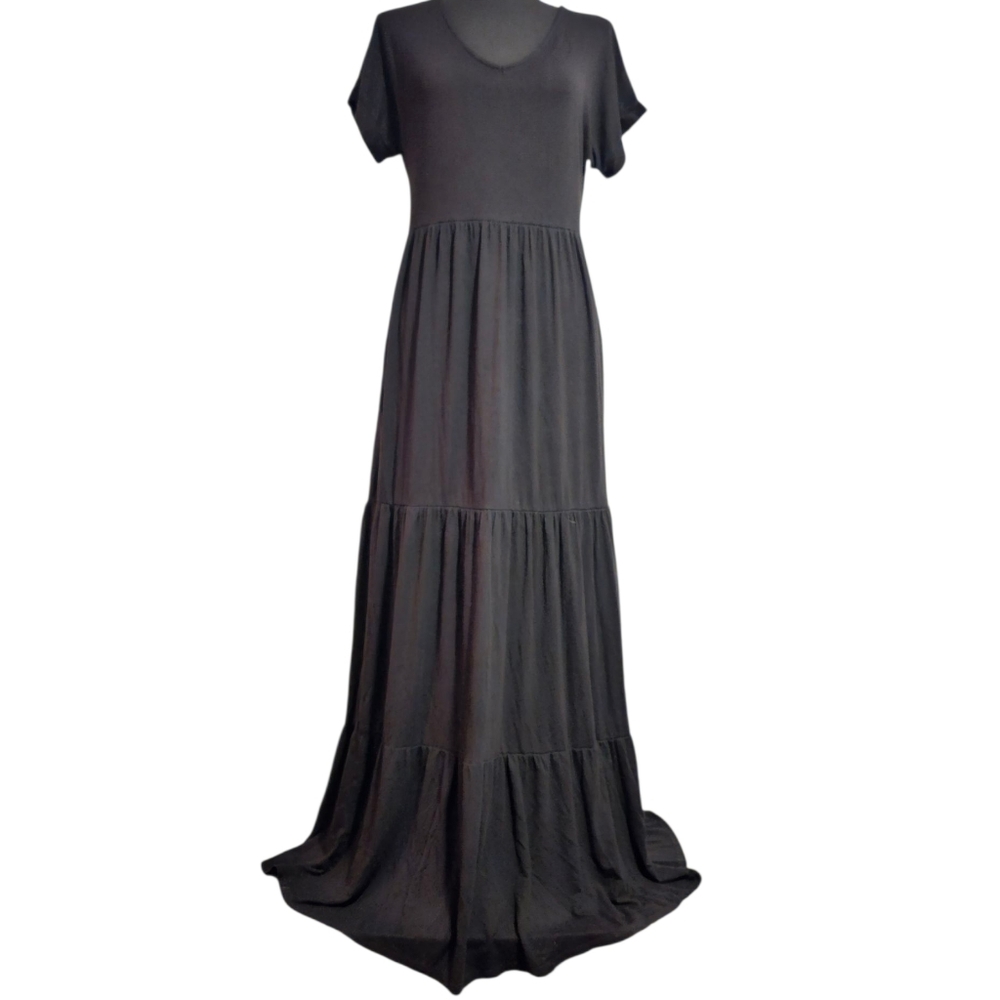 Three Bird Nest Black Minimal Boho Coastal Beach Tiered Maxi Dress Sz S